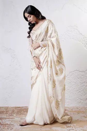 Ivory and gold organza printed saree with blouse