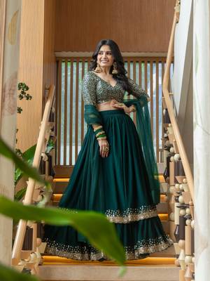 Fancified Green Sequins Georgette Mehendi Wear Lehenga Choli 3