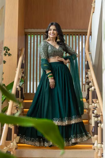 Fancified Green Sequins Georgette Mehendi Wear Lehenga Choli