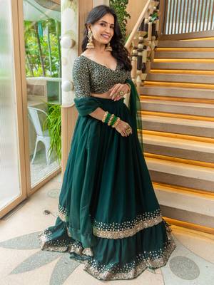 Fancified Green Sequins Georgette Mehendi Wear Lehenga Choli 4