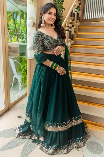 Fancified Green Sequins Georgette Mehendi Wear Lehenga Choli