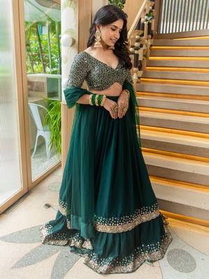 Fancified Green Sequins Georgette Mehendi Wear Lehenga Choli 5