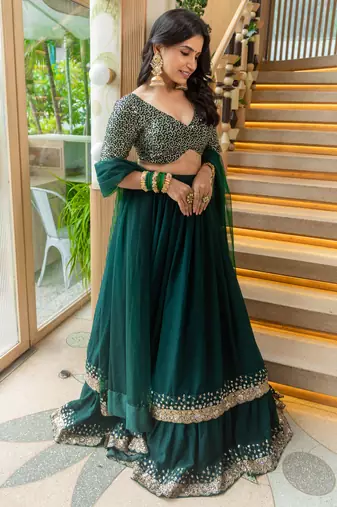 Fancified Green Sequins Georgette Mehendi Wear Lehenga Choli