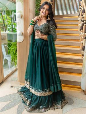 Fancified Green Sequins Georgette Mehendi Wear Lehenga Choli 6