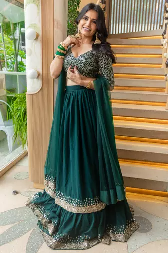 Fancified Green Sequins Georgette Mehendi Wear Lehenga Choli