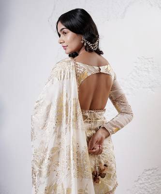Ivory and gold organza printed saree with blouse 3