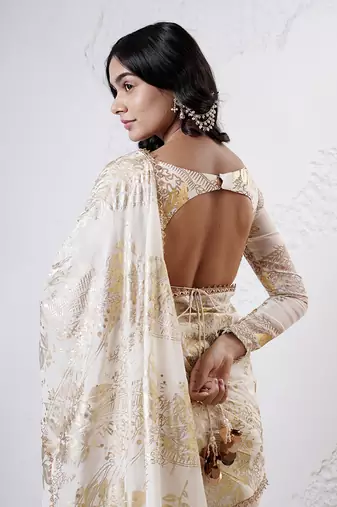 Ivory and gold organza printed saree with blouse