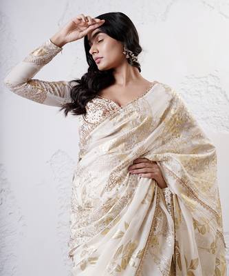 Ivory and gold organza printed saree with blouse 4