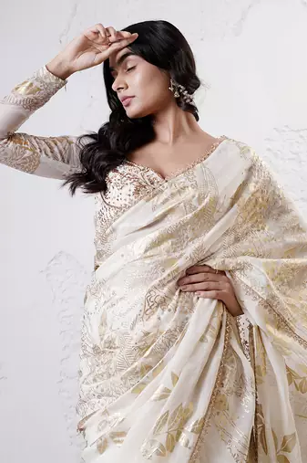 Ivory and gold organza printed saree with blouse