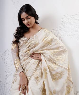Ivory and gold organza printed saree with blouse 5