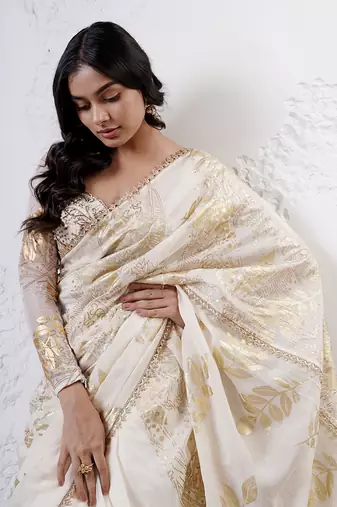Ivory and gold organza printed saree with blouse
