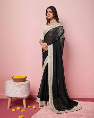 Girlie black organza saree with ethnic embroidery work on border and blouse 4