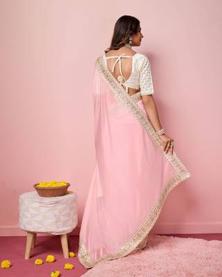Girlie rose pink organza saree with ethnic embroidery work on border and blouse 2