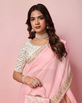 Girlie rose pink organza saree with ethnic embroidery work on border and blouse 3