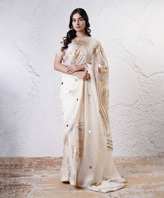 Ivory and gold organza printed saree with blouse 1