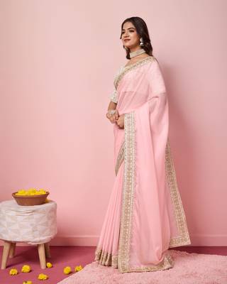 Girlie rose pink organza saree with ethnic embroidery work on border and blouse 4