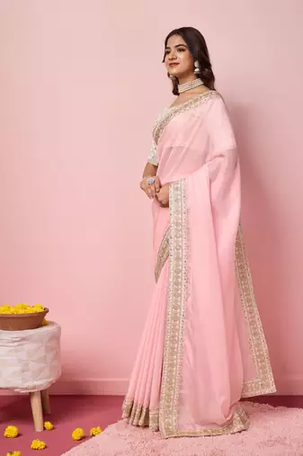 Girlie rose pink organza saree with ethnic embroidery work on border and blouse