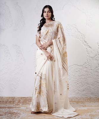 Ivory and gold organza printed saree with blouse 2