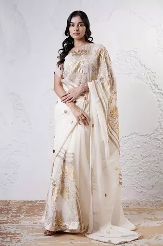 Ivory and gold organza printed saree with blouse