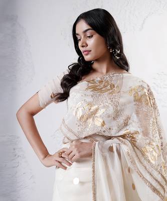 Ivory and gold organza printed saree with blouse 3