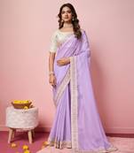 Girlie purple organza saree with ethnic embroidery work on border and blouse