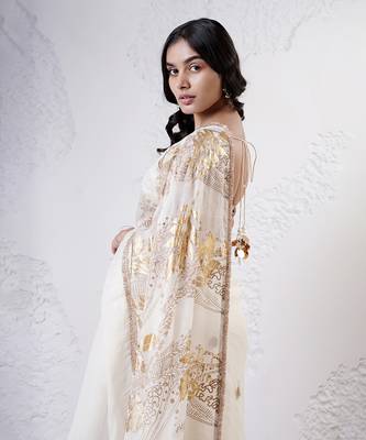 Ivory and gold organza printed saree with blouse 4