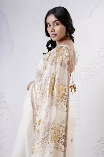 Ivory and gold organza printed saree with blouse