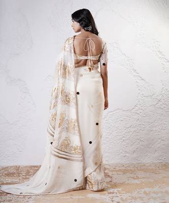 Ivory and gold organza printed saree with blouse 5