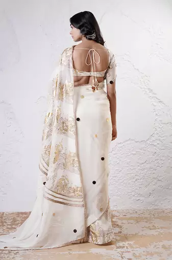 Ivory and gold organza printed saree with blouse