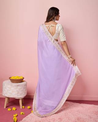 Girlie purple organza saree with ethnic embroidery work on border and blouse 2