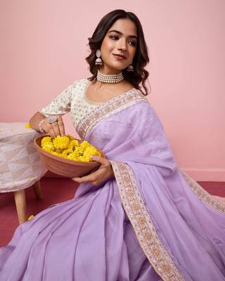 Girlie purple organza saree with ethnic embroidery work on border and blouse 3