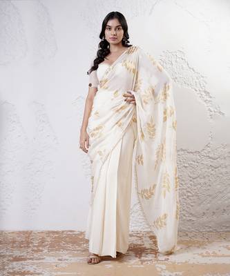 Ivory and gold organza printed saree with blouse 1