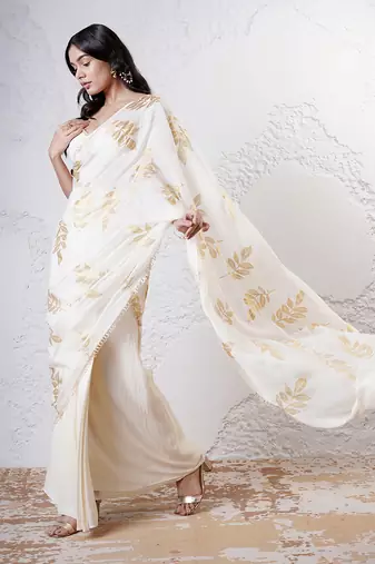 Ivory and gold organza printed saree with blouse