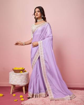 Girlie purple organza saree with ethnic embroidery work on border and blouse 4