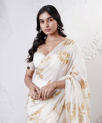 Ivory and gold organza printed saree with blouse 4