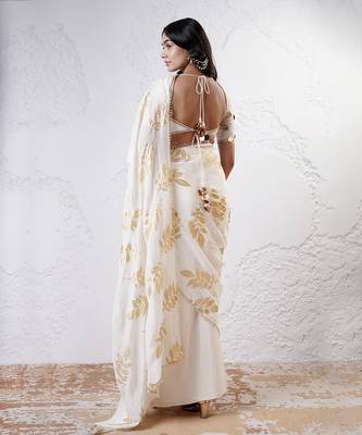 Ivory and gold organza printed saree with blouse 5
