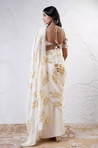 Ivory and gold organza printed saree with blouse
