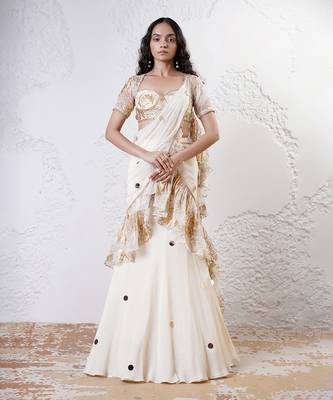 Ivory and gold organza printed saree with blouse 1