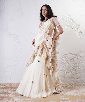 Ivory and gold organza printed saree with blouse 2