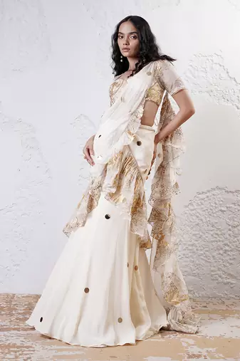 Ivory and gold organza printed saree with blouse