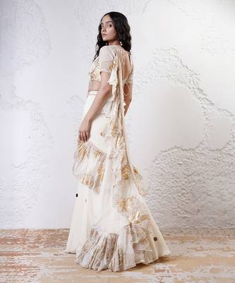 Ivory and gold organza printed saree with blouse 4