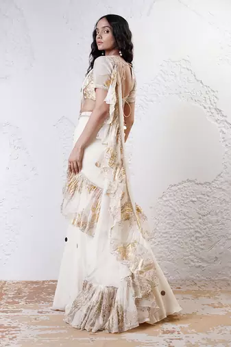Ivory and gold organza printed saree with blouse