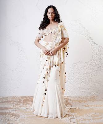 Ivory and gold organza printed saree with blouse 1