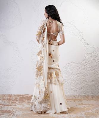Ivory and gold organza printed saree with blouse 5