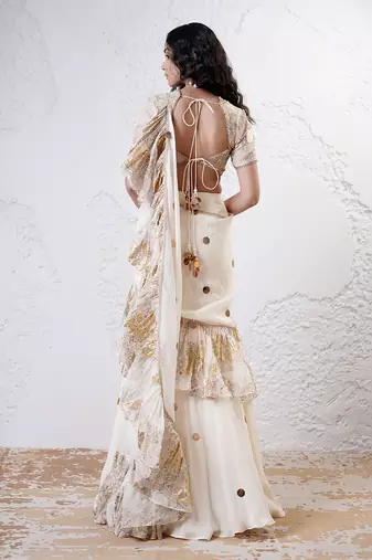 Ivory and gold organza printed saree with blouse