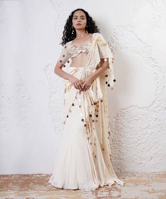 Ivory and gold organza printed saree with blouse 2