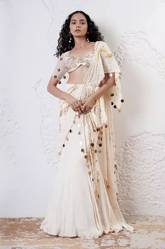 Ivory and gold organza printed saree with blouse