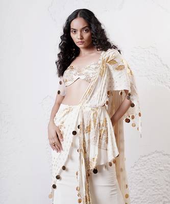 Ivory and gold organza printed saree with blouse 3