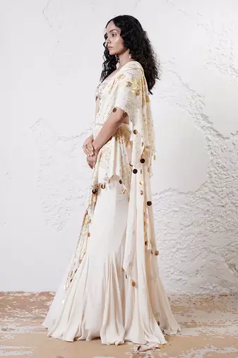 Ivory and gold organza printed saree with blouse