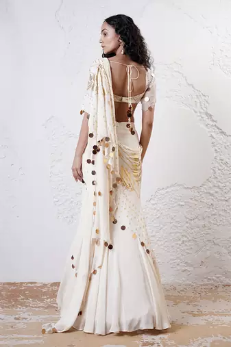 Ivory and gold organza printed saree with blouse